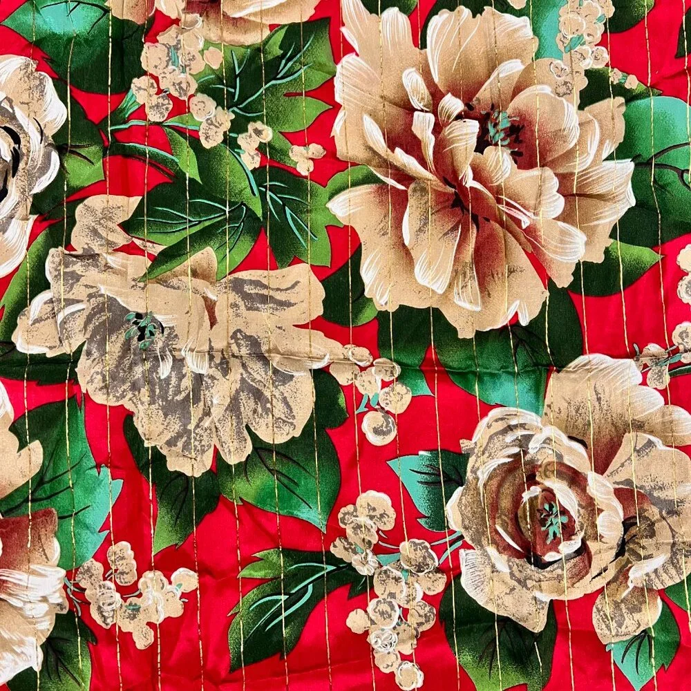 Oscar De La Renta Red Floral Silk Scarf Metallic Threading